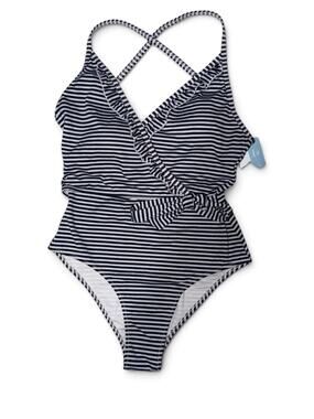 CUPSHE Navy & White Striped Ruffle One-Piece Swimsuit – Size XS, NWT